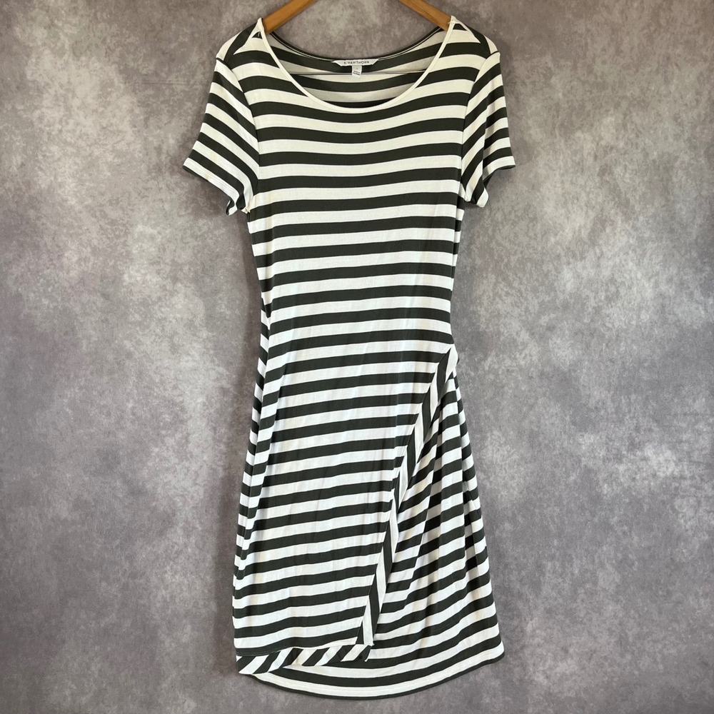 41 Hawthorn Striped T-Shirt Dress Women L Olive Green White Faux Wrap Tulip Hem